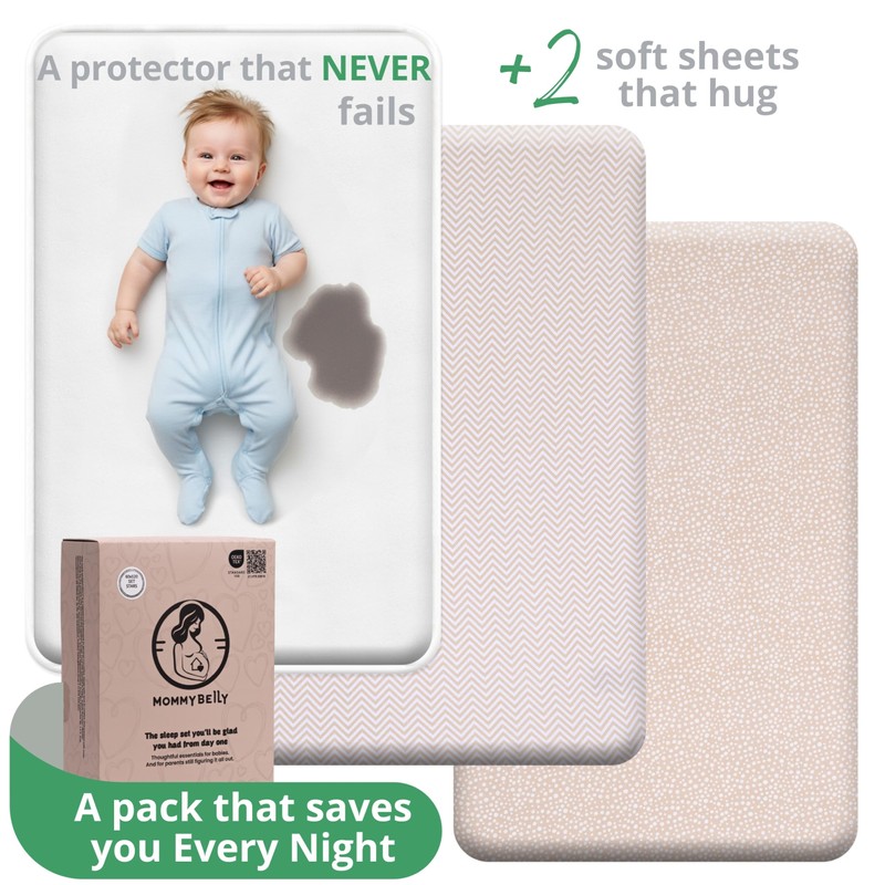 Mommybelly 2 Fitted Sheets Moses 80x40 + Mattress Protector, Beige