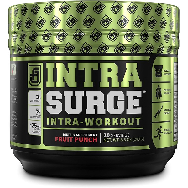 INTRASURGE Intra Workout Energy BCAA Powder - Fermented BCAA Amino Acids, Natural Caffeine, L-Citrulline, and More for Muscle Building, Strength, Pumps, Endurance, Recovery - Fruit Punch, 20sv