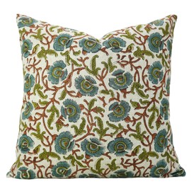 Fabritual Handmade Block Print Viscous Linen 20"X20" Throw Pillowcase Cushion Cover, Home Décor, Living Room, Sustainable for Sofa and Couch, Floral Printed with Boho Design, Vasundhra, Brown
