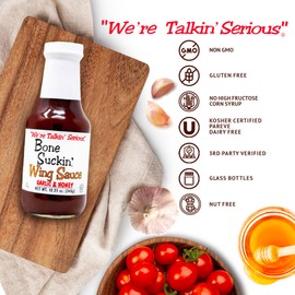 Bone Suckin' Garlic & Honey Wing Sauce, All Purpose Wing Sauce For Chicken Wings, Turkey Wings, Gluten Free, Non Gmo, Kosher, Sweetened With Honey & Molasses