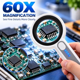 60X Handheld Magnifying Glass for Close-Up Inspection – Rechargeable LED & UV Light Magnifier for Reading and Repair