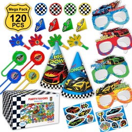 HonuGoGo 120-Piece Race Car Party Favor Set – Value Pack with Cone Hats, Paper Glasses, Disc Shooters, Spin Tops, Hand Clappers and Stickers for Birthday Celebrations, Carnivals and Goodie Bags