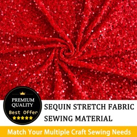 FANPROMS Red Sequin Fabric by The Yard Stretch Velvet Fabric Upholstery Fabric Velvet Linen Sequins for Crafts Sparkle Material Glitter Fabric Sequin Clothing Sewing Fabric for Party Dresses Costumes