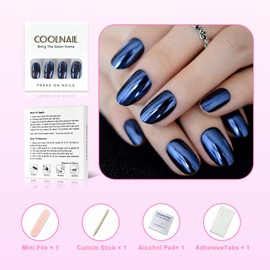 Coolnail Metallic Mirror Bright Blue Gray False Nail Mix Blue Metal Oval Round Fake Nails Manicure Full Nails Art Tips