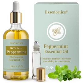 Essencetics Peppermint Essential Oil Blend - 4oz Glass Bottle with Dropper & Roll-On - 100% Pure & Organic - Infused with Natural Olive & Sunflower Oils - Perfect for Diffuser, Skin, Face & Hair Care