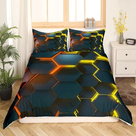 feelingyou Honeycomb Duvet Cover S Size, Hexagon Yellow Orange Neon Lights Comforter Cover Set for Boys Girls 3D Bedding Quilt Cover Set Bedroom 2 Pieces