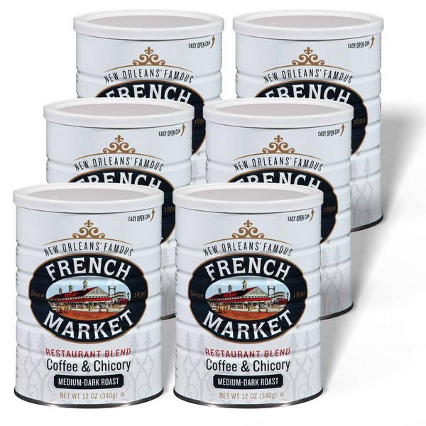 French Market Coffee, Coffee and Chicory Restaurant Blend, Medium-Dark Roast Ground Coffee, 12 Ounce Metal Can (Pack of 6)