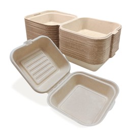 DISPOSABLE GREEN – Bagasse Clamshell Food Containers, Disposable Food Containers, Takeaway Boxes for Hot, Cold, Wet, & Oily Food, Unbleached Meal Prep Container, 15.5 x 15 x 5/8 cm, 50-Pcs