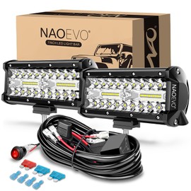 NAOEVO 7 Inch LED Light Bar, 240W 24,000LM Offroad Fog/Driving Lights LED Pods with 2 Leads Wiring Harness Kit, Spot Flood Combo Beam, Work for Truck Boat UTV ATV, 2-Pack (White)