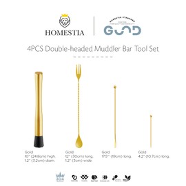 Homestia Muddler for Cocktails, 10'' Stainless Steel Cocktail Muddler with 12'' Long Handle Mixing Bar Spoon, &Swizzle Stick & Cocktail Picks, Essential Bar Supplies and Accessories (4Pcs, Gold)