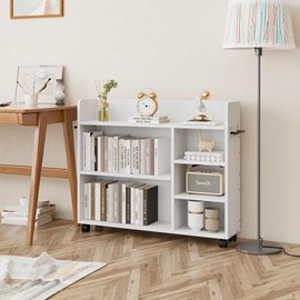 VECELO Book Cart, Wood Rolling Library Book Truck with Lockable Wheels and Adjustable Shelves, for Home Office, White