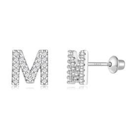 AOROCO M Initial Stud Earrings for girls, Sterling Silver Post Screw Backs Earrings 14K Gold Plated CZ Simulated Diamond Hypoallergenic Alphabet Letter Initial Earrings for Women Girls Jewelry Gifts
