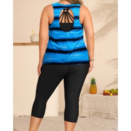 Yonique - Trajes de baño de 3 piezas para mujer, tankini con brasier deportivo y capris de natación, trajes de baño atléticos, Azul y negro degradado, 26 Plus