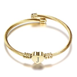 OutstandLong Gold Initial Letter J Cuff Bracelets Women Girls Heart Bangle Bracelet Alphabet A-Z for Birthday