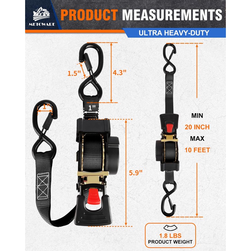 METOWARE Retractable Ratchet Straps (4-Pack) - 1" x 10' (1500lb