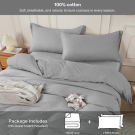 SAPHREAS Duvet Cover Set Queen Size 100% Organic Cotton Grey, Soft Bedding Comforter Cover with Zipper Closure & Corner Ties, Comforter Not Included, Gray