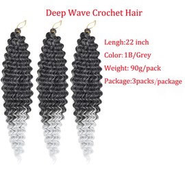 Ocean Wave Crochet Hair 22 Inch Deep Wave Braiding Hair 3 Packs Long Curly Crochet Braids Hair Extensions Ombre Black to Grey(22 Inch,T1B/Grey)