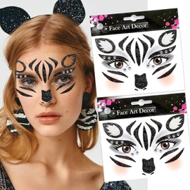 Pack of 2 Face Art Tattoos, Temporary Face Tattoos, Carnival, Glitter Face Stickers, Glitter Tattoo Face Carnival, Temporary Tattoos Face for Carnival, Animal Costume, Theme Parties (E)