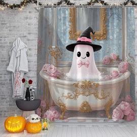 ZRUWUA Halloween Ghost Shower Curtain Funny Spooky Take a Bath Creepy Floral Gothic Bathroom Decor Curtain with Hooks,Pink