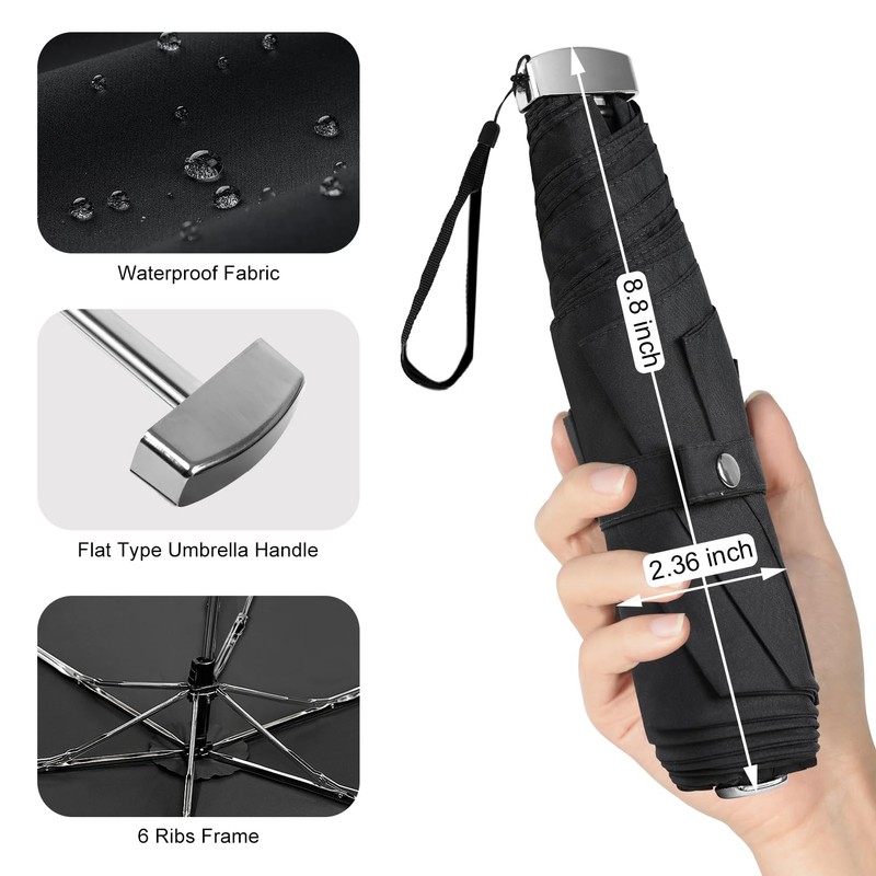 Lejorain Travel Mini Umbrella for Purse - Black Compact Durable