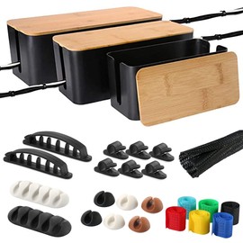 Cable Management Organizer Box Set, 3 Pack Bamboo Lid Cable Concealer Box with 23 PCS Wire Organized Clip Accessories, Great to Hide Surge Protector Desk Power Strips Cord for Office Home, TV (Black)