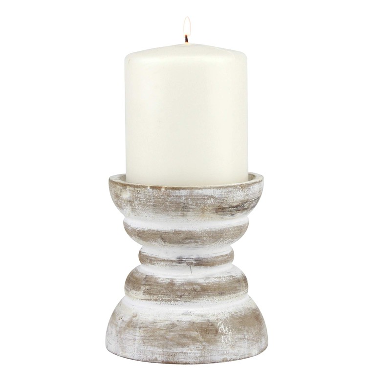 Stonebriar Antique White Wooden Pillar Candle Holder, Vintage Seaside Pillar