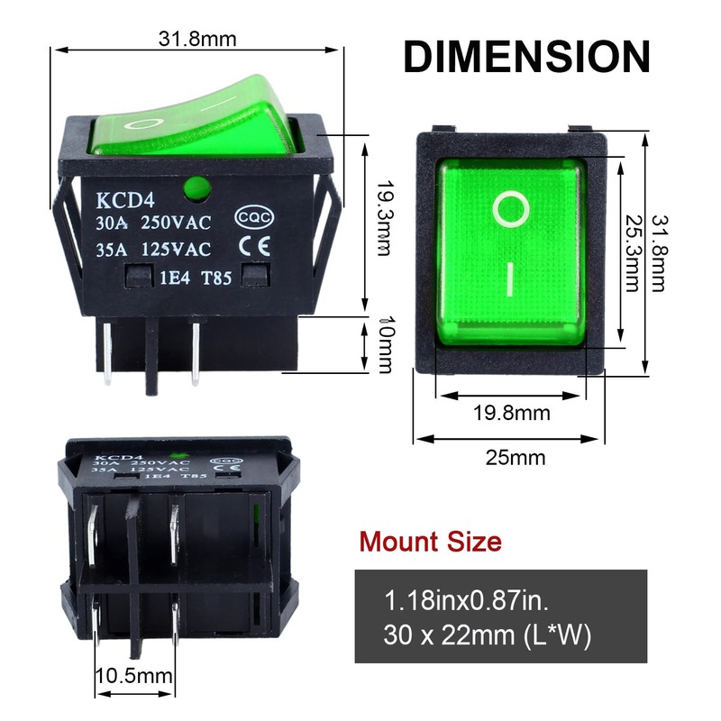 DMWD 3Pcs ON/Off Large Current Rocker Toggle Switch 30A 250VAC/