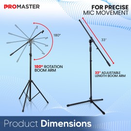 ProMaster Tripod Microphone Stand - Universal and Adjustable Professional Audio Telescopic Gooseneck, Boom Arm Tripod Microphone Stand with Universal ⅝” Adapter - Black