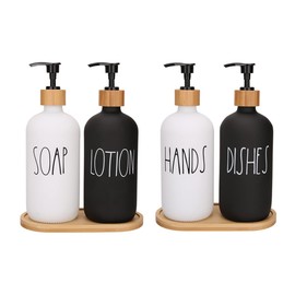 4 Pcs White and Black Hand and Dish Soap and Lotion Dispenser Set with Tray Farmhouse Decor for Bathroom Kitchen Sink