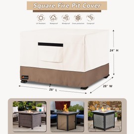 Fire Pit Cover Square, Outdoor Heavy Duty Durable 600D Tear-Resistant 100% Waterproof 26-28 Inch Fire Pit Cover, Patio Weatherproof Square Fire Table Protector, Beige 28" L x 28" W x 25" H