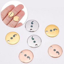 DICOSMETIC 6 pieces 3 colours semicolon charm stainless steel flat round charm round blank pendant gold rose gold pendant for DIY bracelet necklace jewellery making, bore: 1.5 mm