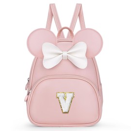 QLOVEA Bookbag for Girls Kids Toddler, Backpack for Teen Girl Kids Birthday Gifts, Kindergarten Backpack for Girls with Cute Bow, Initial Pink V