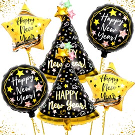 Big 6 Pieces New Years Balloons Foil - 33 Inch Happy New Year Balloons | 3D Round New Years Ev Balloons | Colorful Hat Shaped Balloons 2022 NYE, Happy New Year Decorations New Years Eve Party Supplies