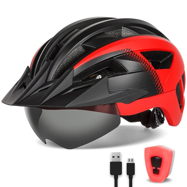 FUNWICT Adult Bicycle Helmet with Visor and Detachable Goggles, Rechargeable LED Rear Light Mountain Bike Helmet for Men Women and Teens, Size M/L/XL (M: 54-58 cm, Black Red)