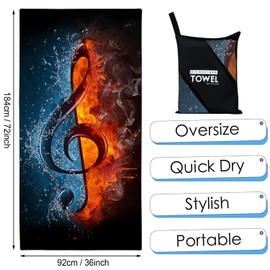 Zomer Microfibre Beach Towel 90 x 180 cm Bath Towel Quick-Drying Ultra Light Sandless Portable Camping Towel Bath Towel with Water and Fire Notes Motif
