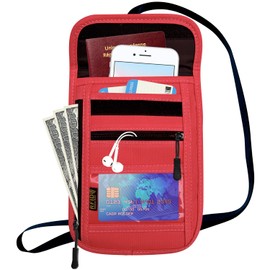 RFID Blocking Travel Neck Wallet Pouch and Passport Holder, Travel Neck Pouch Passport Holder for Women & Men - Red
