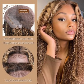 Ladoux Ombre Honey Blonde 13x6 HD Transparent Water Wave Lace Front Human Hair Wigs for Women 180% Density 4/27 Colored Highlight Curly Glueless Wigs 24Inch Pre Plucked with Baby Hair