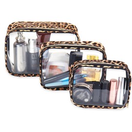 3Pcs Clear Makeup Bag, Leopard Wash Bag, Leopard Print Toiletry Bags, Large Capacity Makeup Bag TSA Approved, Portable Waterproof Wash Bags Set in PVC, Holiday Essentials for Women Men