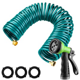 Pangda 25 Ft x 3/8'' Coil Garden Hose EVA Recoil Garden Self Coiling Expanding Water Hose with 6 Function Spray Nozzle Universal 3/4'' Brass Connector Fitting for Outdoor Yard(Green)