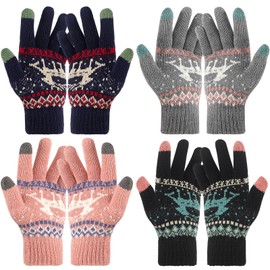 GSrenyu 4 Paies Women Winter Warm Gloves, Cute Ladies Gloves with Touchscreen, Ladies Soft Knitted Thermal Gloves Thick Plush Lined Cold Weather Gloves for Cold Weather Outdoor