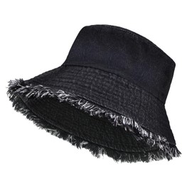 Yonchic Washed Cotton Denim Bucket Hat, Summer Outdoor Wide Brim Lightweight Cap for Women, Beach Packable Travel Hats (Black)
