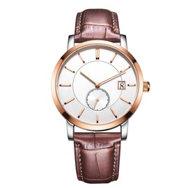 OCHSTIN Men PU Leather Calendar Waterproof Quartz Watch Wristwatch (White Dial Rose Gold Case)