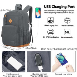 KEOFID Classic School Rucksack for Boys and Girls Teenager, Carry-On Travel Backpack for Men and Women, Anti theft laptop Backpack with USB Charging Port for College(Grey 19inches)
