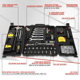 Auto Dynasty 160 Pcs Ratchet Tool Set Hammer Wrenches Sockets Diagonal Cutters Screwdriver Measuring Tape Hand Tool Kit Set for Garage Warehouse Repair, Yellow