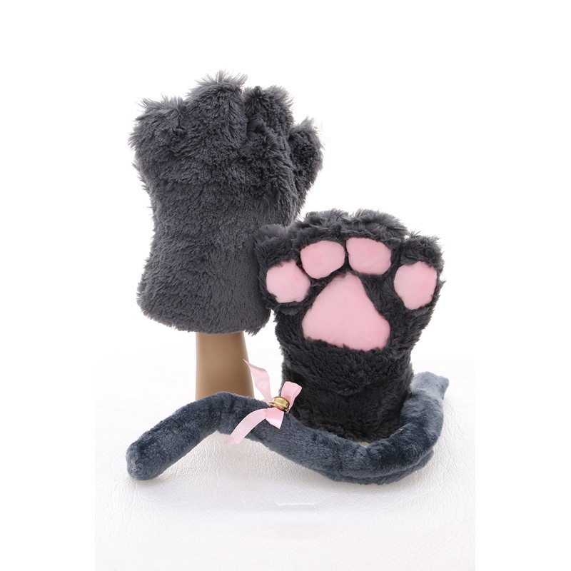 C-20-2 Grey Cat Paw Gloves Tail Collar Ears Headband Set