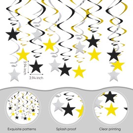 15 Pcs Silver black and gold Party Decorations,Hanging Swirls Star Tassel Garland Streamers Glitter Reflective Paper Swirl Ceiling Centerpiece Bunting Stars Tassels Banner,for Birthday Graduation Prom