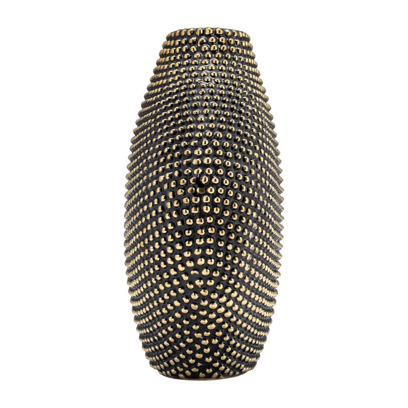 Ceramic 16" Beaded Vase, Black/Gold