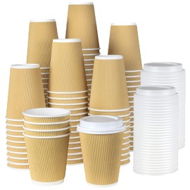 NYHI 100 12 oz Ripple Kraft Paper Cups Brown Hot Cold with Lids 3 Layer Rippled Small Insulated Disposable Coffee Cups for Cappuccino Hot Cocoa or Iced Drinks