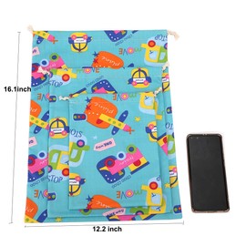 Amoyie Cotton Drawstring Bag Sets 3pcs, Kids Storage Bags for Toys, Shoe, Cloth, Food, Snack, Travel Organiser Pouch, Car airplane Green