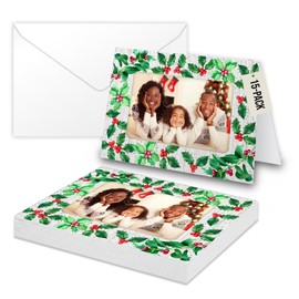 Iconikal Christmas Photo Frame Greeting Cards with Envelopes, Holly Sprigs, 15-Count